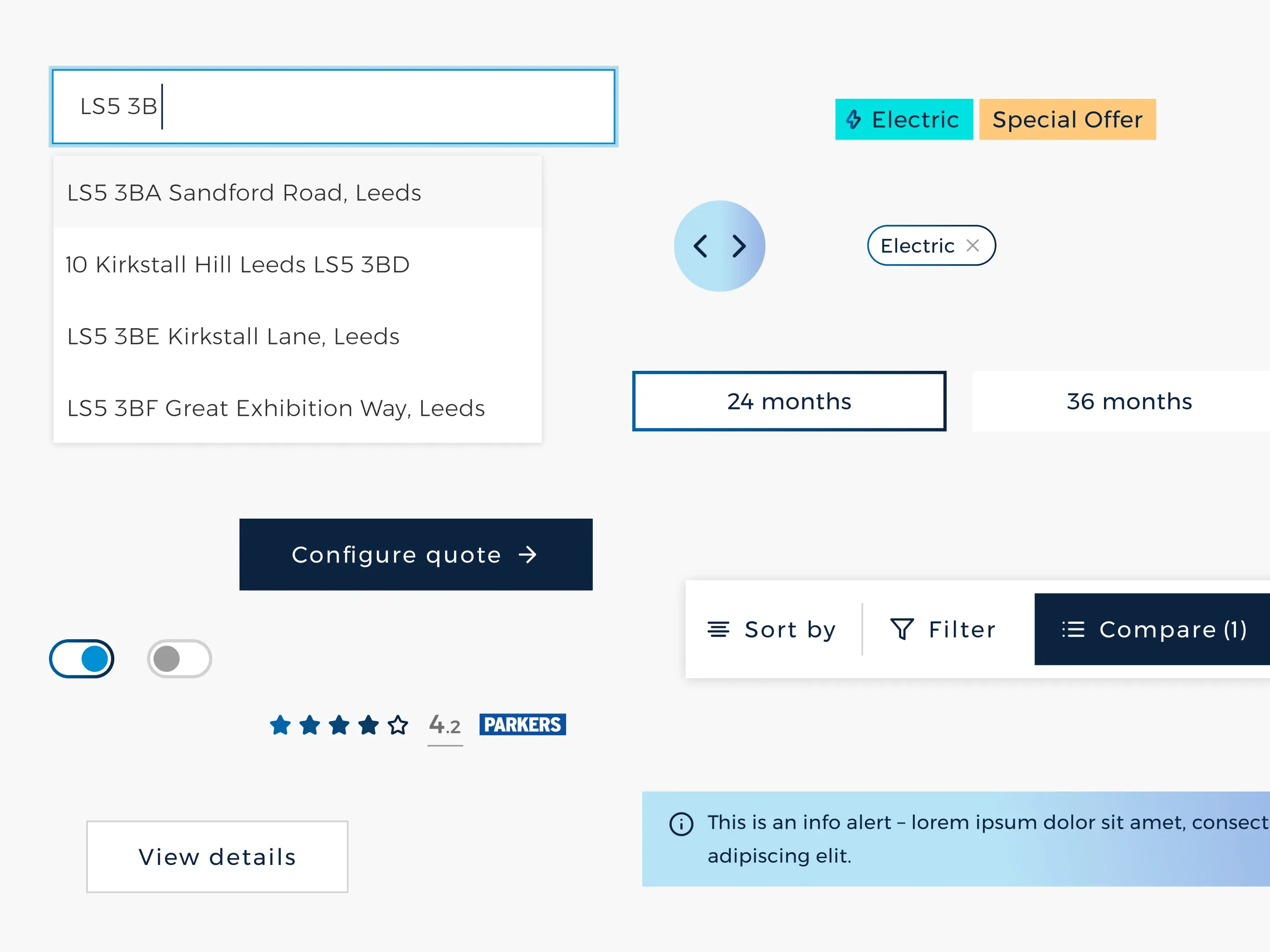 UI components from the platform: an address lookup, filter tags, contract length options, toggles, ratings and buttons.