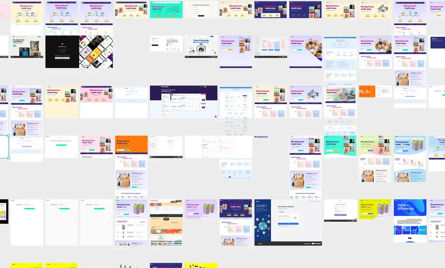A wide canvas of homepage, form and comparison screens exploring how the shortlisted routes would work across the product.
