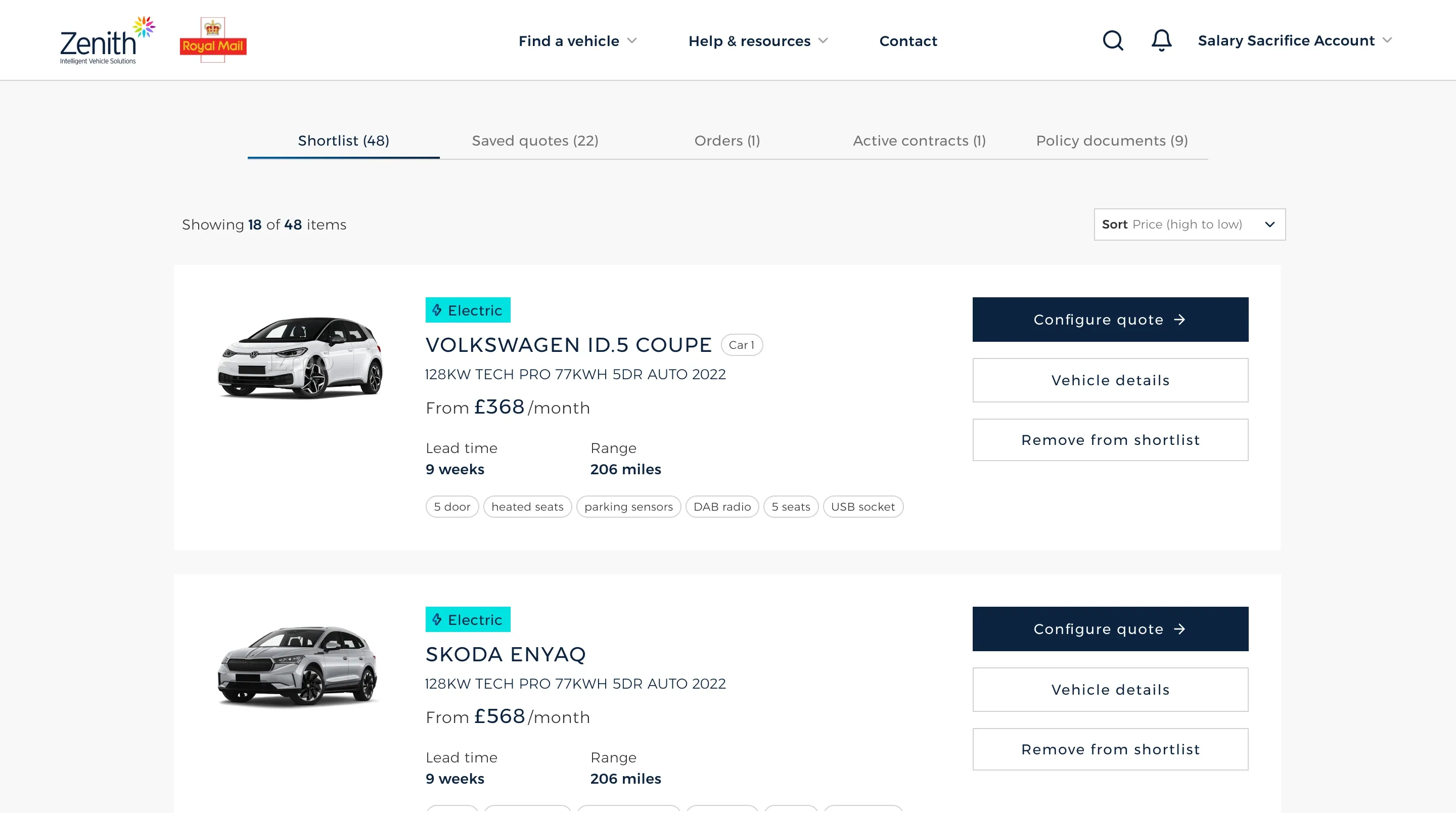 The customer account, with tabs for shortlist, saved quotes, orders, active contracts and policy documents.