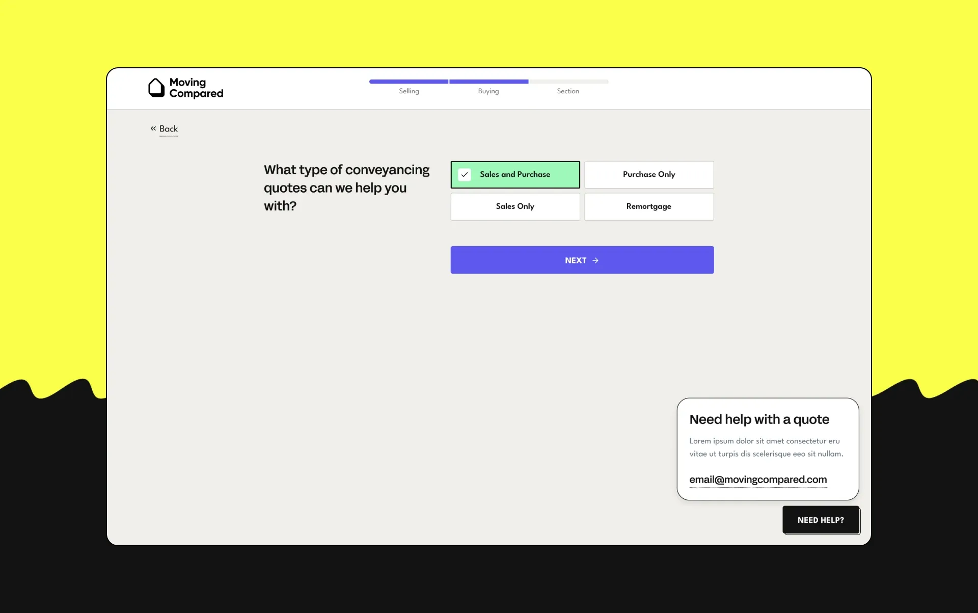 The first step of the conveyancing quote form, asking what type of quote is needed, with a progress bar and a “Need help with a quote” panel.
