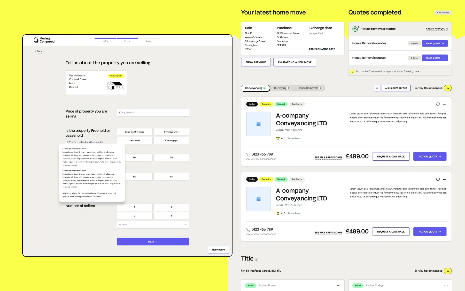 A later form step asking about the property being sold, alongside a results page listing conveyancing quotes with prices, ratings and calls to action.