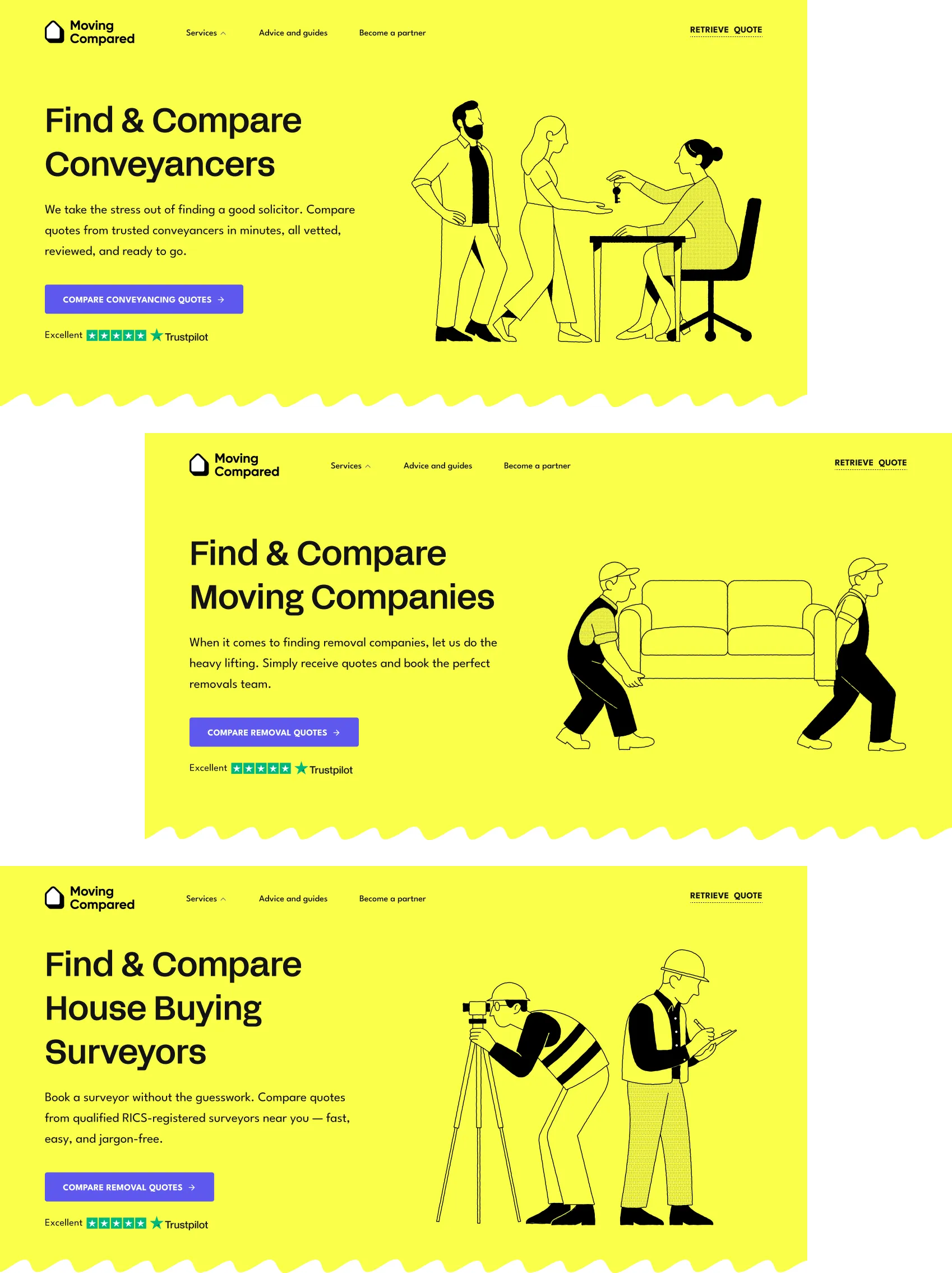 Service landing page heroes for conveyancers, removal companies and surveyors, each with its own illustration.