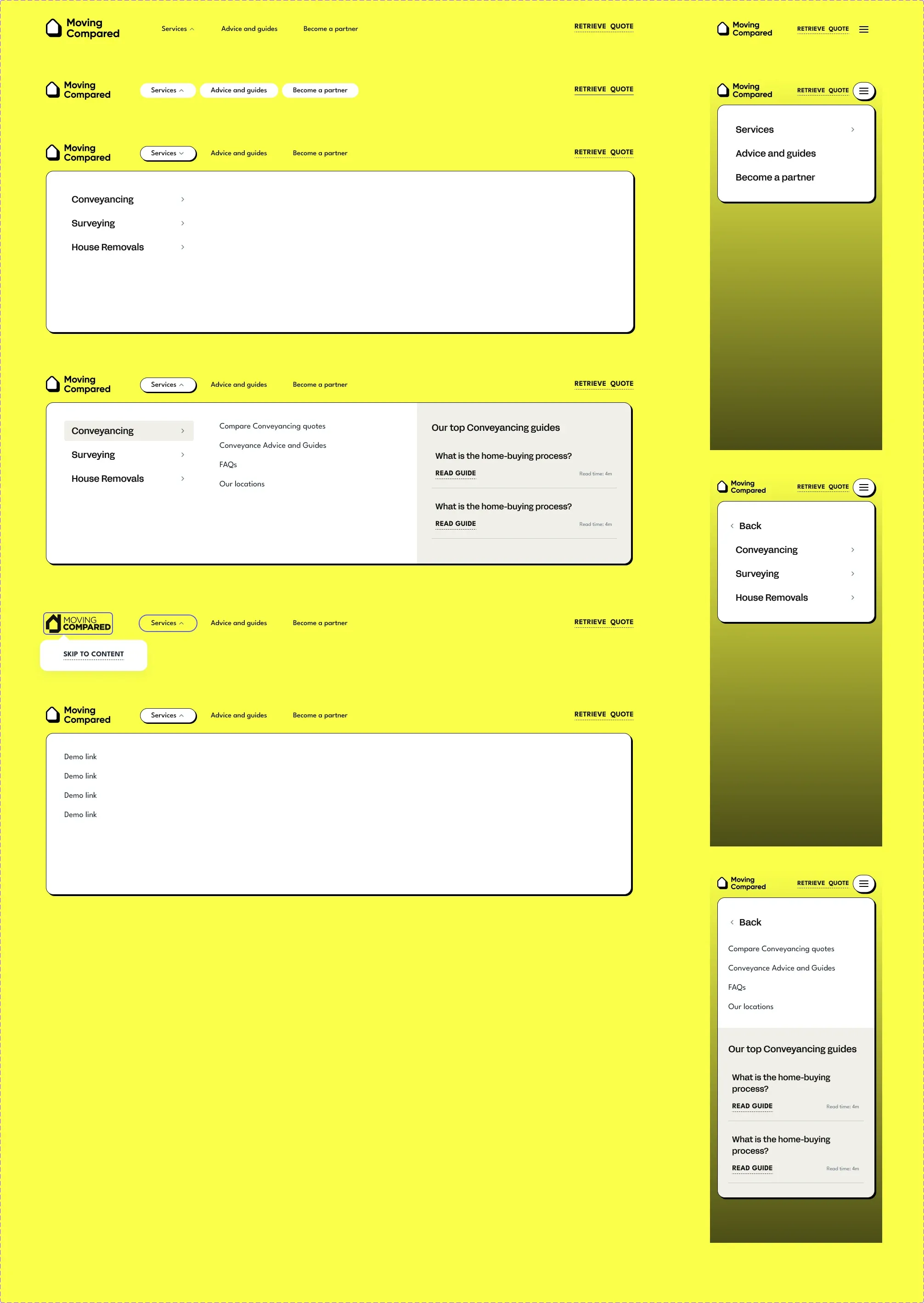 Navigation components in their different states, including the desktop mega menu and the mobile menu.