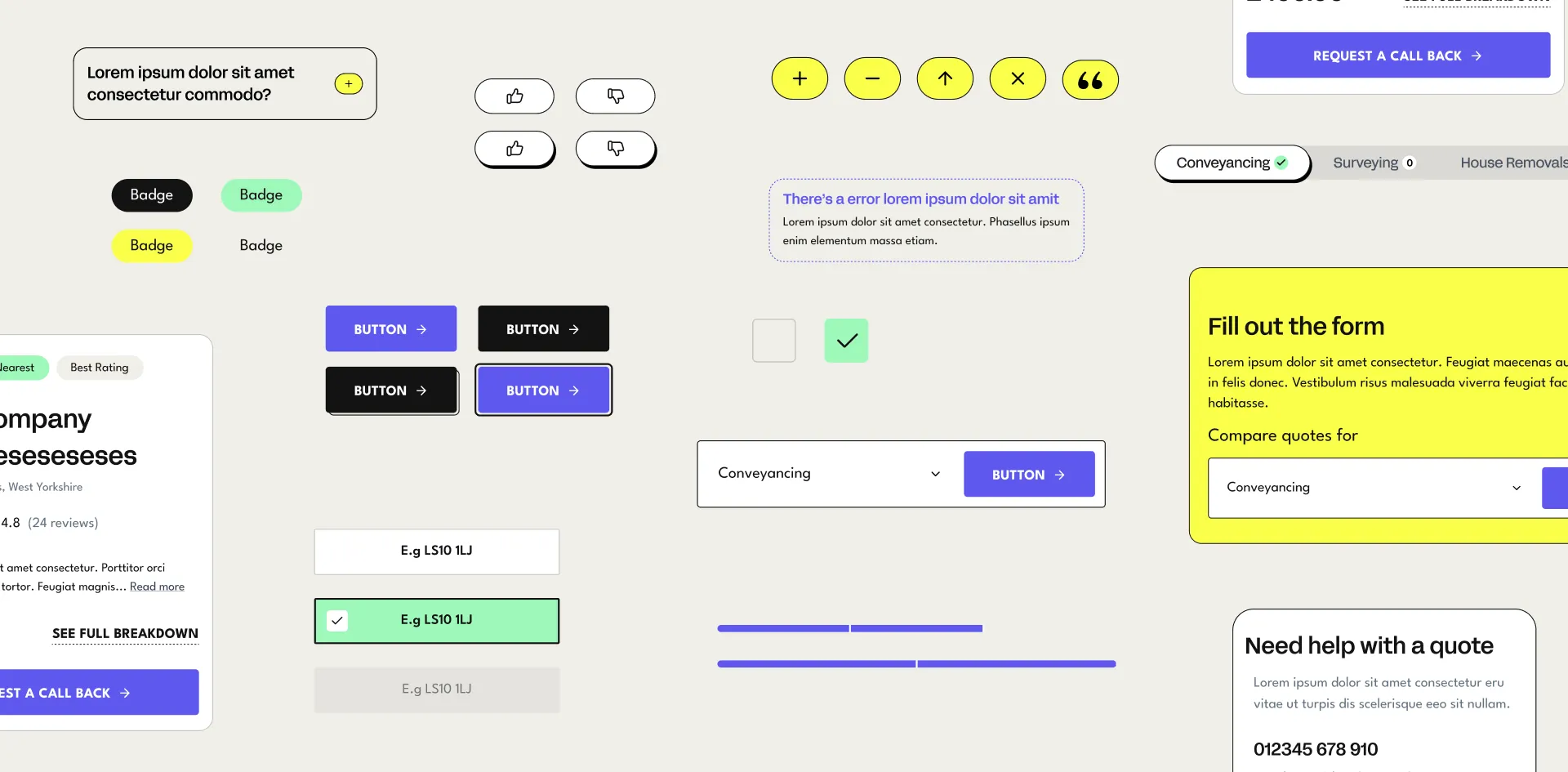 Design system components: buttons, badges, icon buttons, inputs with validation states, progress bars, service tabs and help panels.