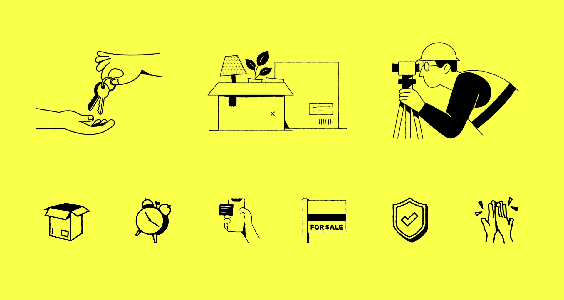 Final spot illustrations and icons: keys changing hands, a packed box, a surveyor, an alarm clock, a phone, a for-sale sign, a shield with a tick and a high five.