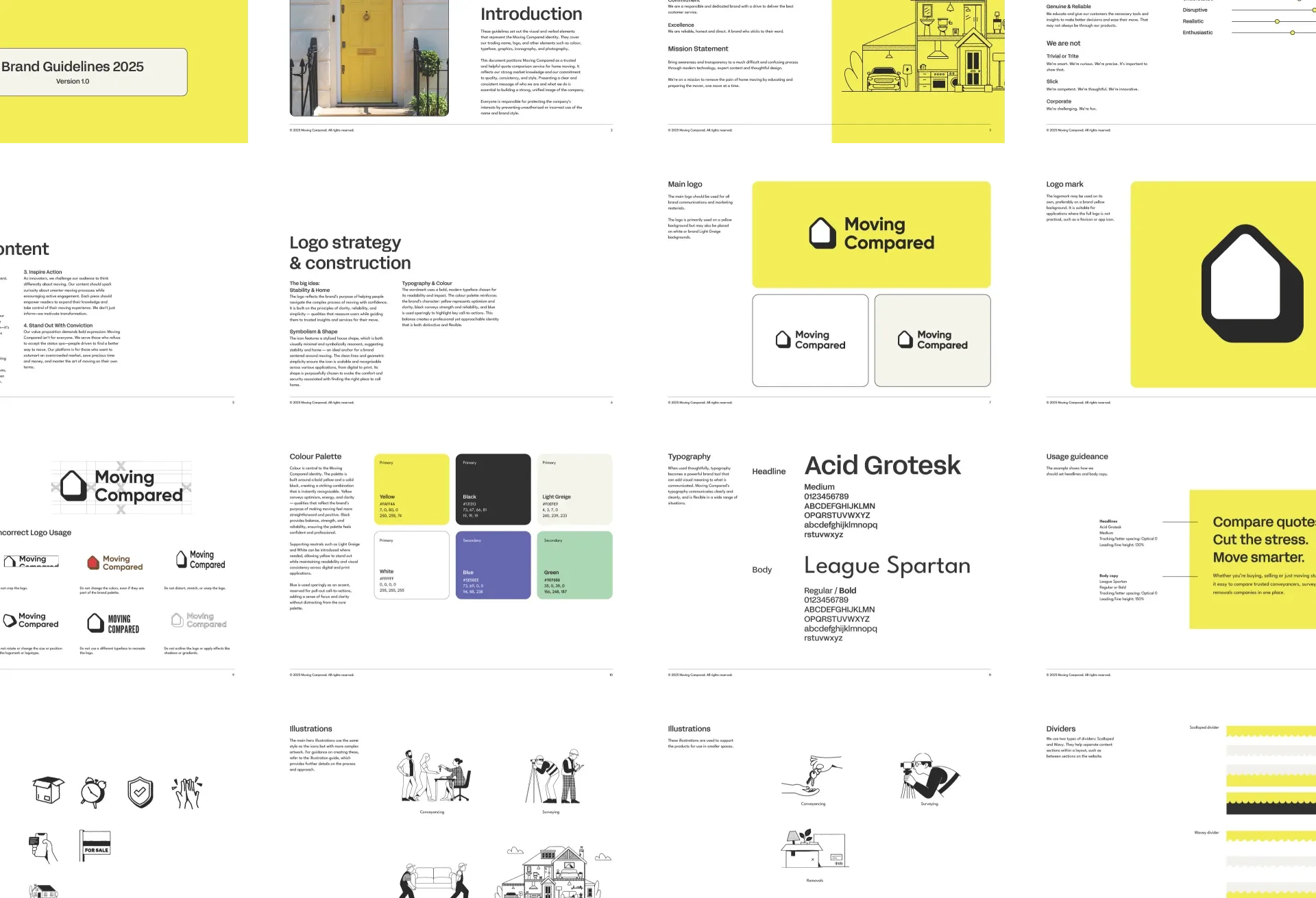 Pages from the brand guidelines: introduction, mission and values, tone of voice, logo construction and usage, colour palette, typography, illustrations and dividers.