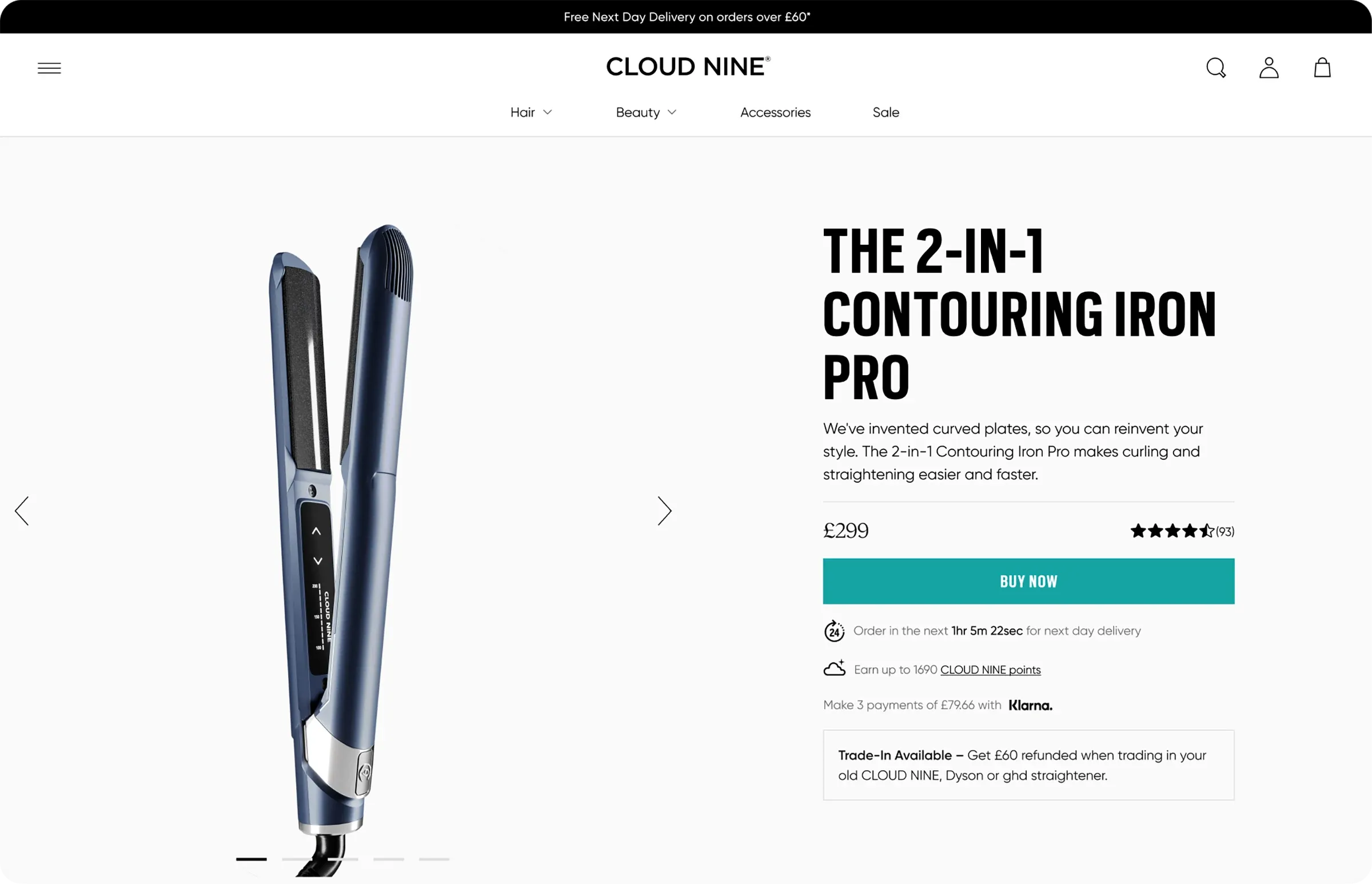 Product page for the 2-in-1 Contouring Iron Pro, with a large product shot, price, reviews and a Buy now button.