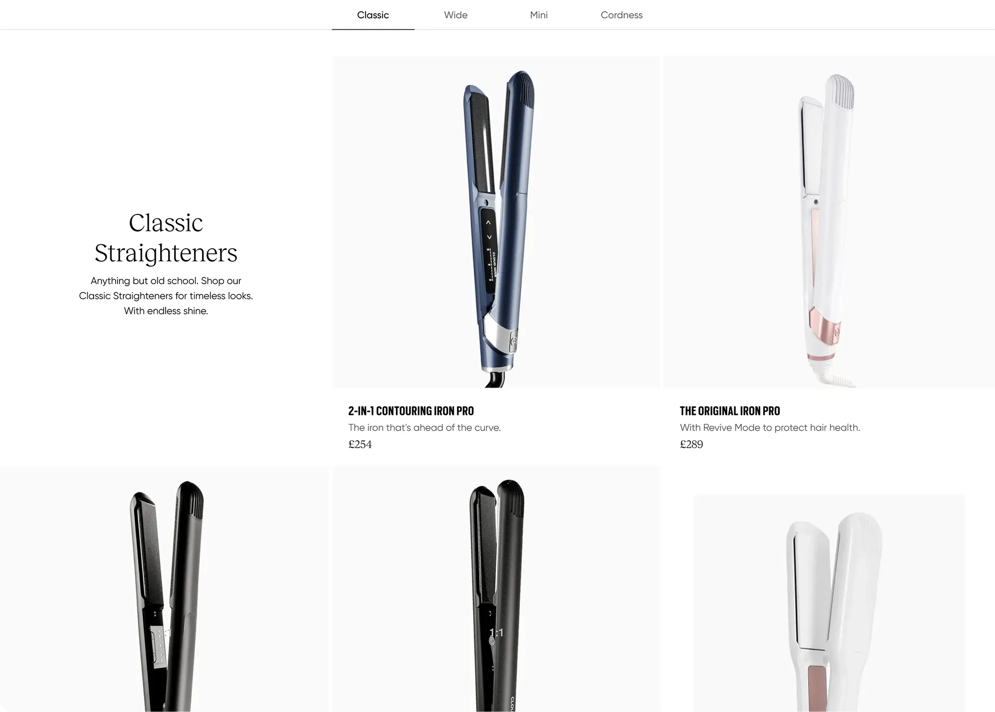 Product listing page for classic straighteners, with tabs for Classic, Wide, Mini and Cordless.