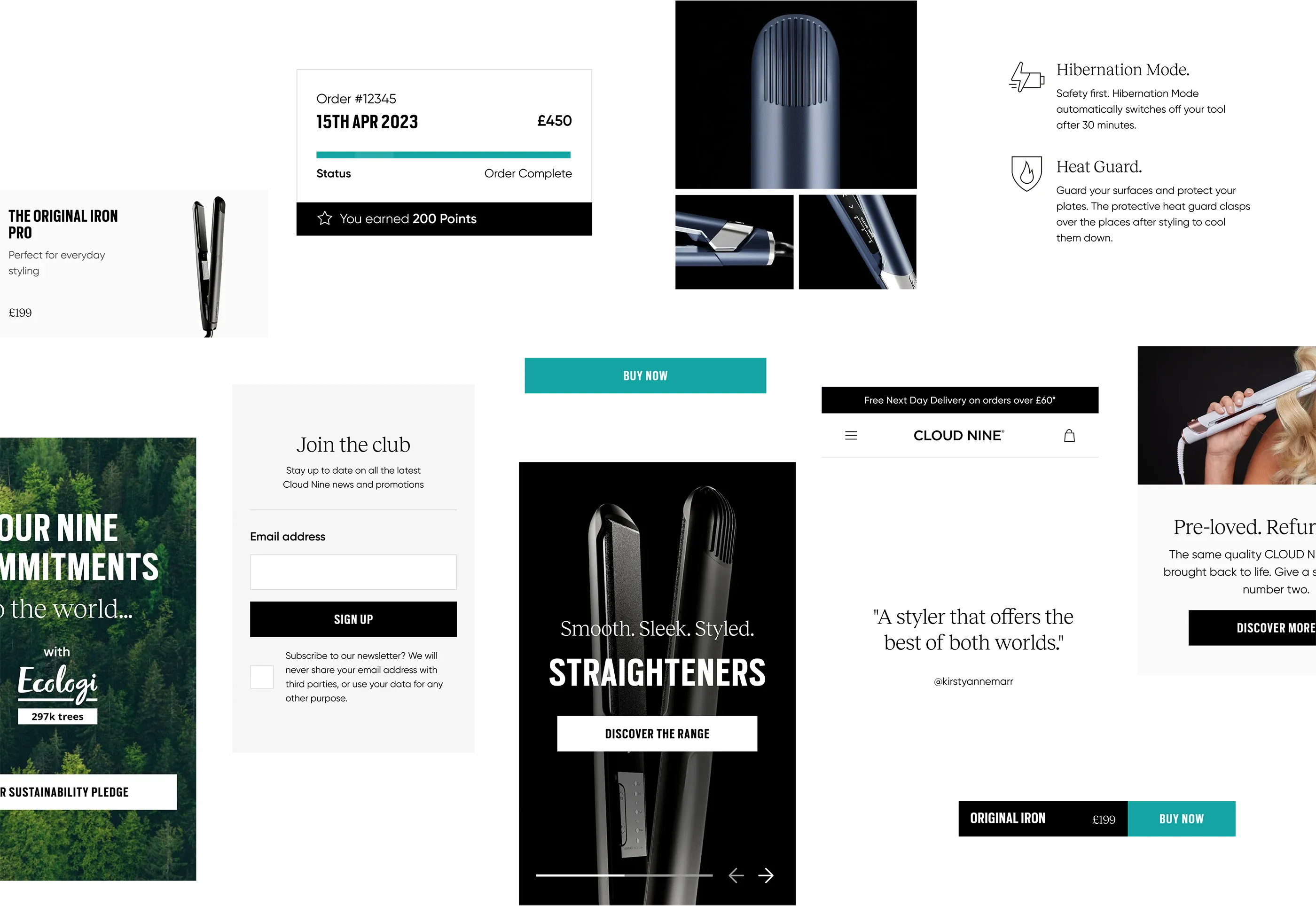 A collage of components from the component library: product tiles, a loyalty points bar, newsletter sign-up, a review quote and a hero banner.
