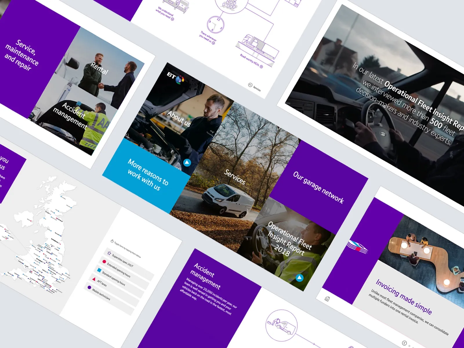 Screens from the touchscreen app, including services, accident management, the garage network and the Operational Fleet Insight Report.