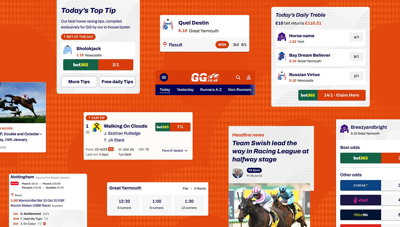 GG.co.uk components on orange: today’s top tip, the daily treble, race cards, results and headline news.