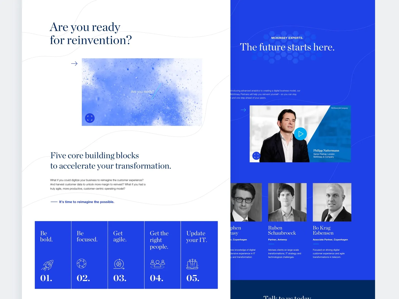 Pages introducing the five core building blocks and the McKinsey experts, under the heading “Are you ready for reinvention?”