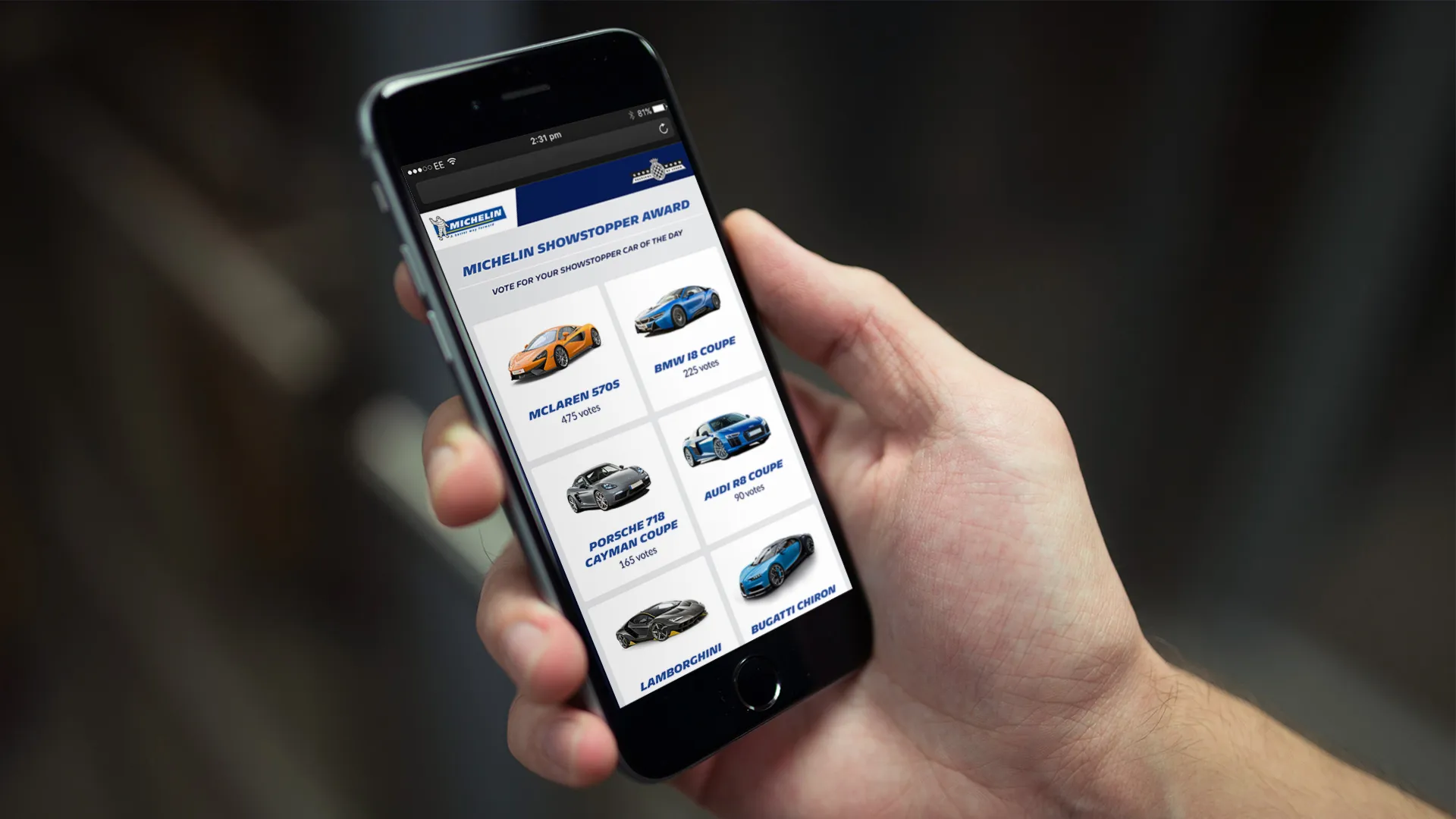 A hand holding a phone showing the Michelin Showstopper Award voting page, with cars and their vote counts.