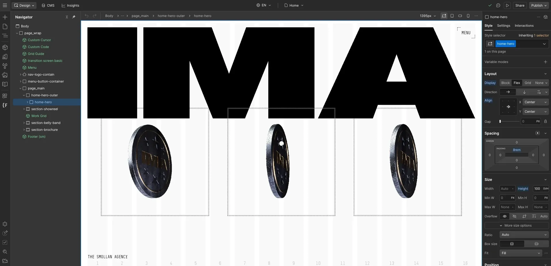 The IMA homepage being built in Webflow: the giant IMA wordmark with spinning coins, and the Navigator and style panels around it.